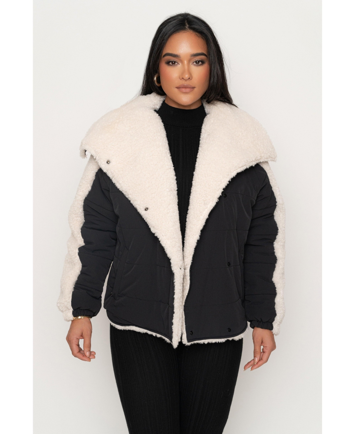 Women's Contrast Sherpa Jacket - Black/ivory