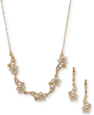 Anne Klein - Gold-Tone Pav&eacute; & Imitation Pearl Flower Statement Necklace & Drop Earrings Set