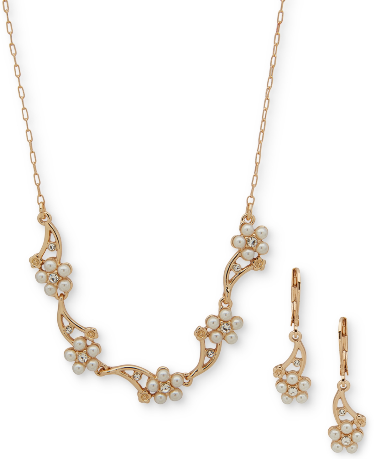 Gold-Tone Pave & Imitation Pearl Flower Statement Necklace & Drop Earrings Set - Pearl