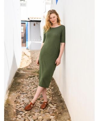 Women's Linen Blend Button Back Midi Dress