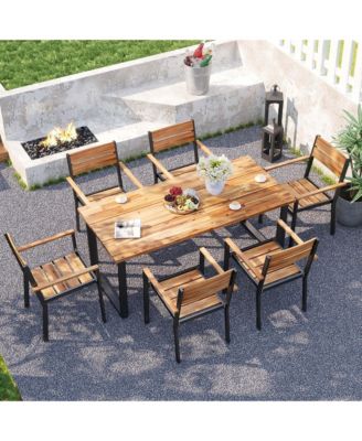 7 PCS Acacia Wood Patio Dining Set 6 Armchairs and 69" Table with 2" Umbrella Hole