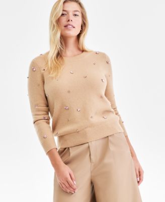 Charter Club - Women's 100% Cashmere Embellished Chunky Crewneck Sweater