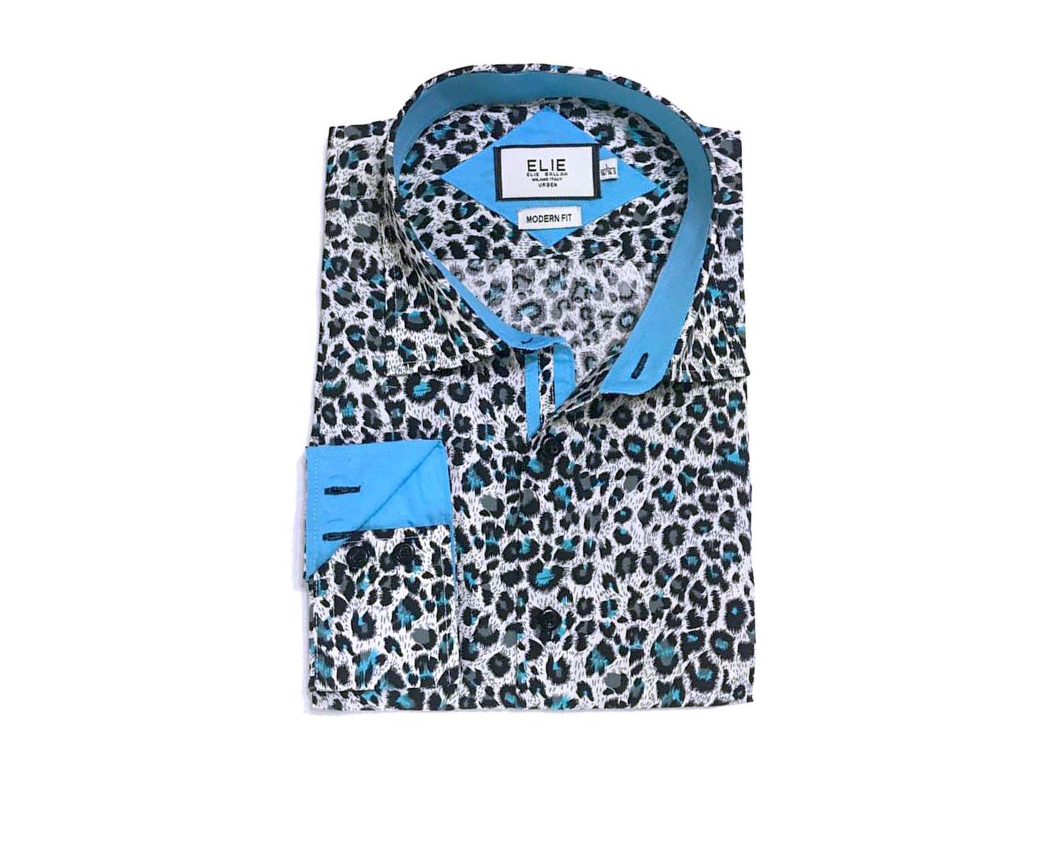 Little Boys Teal Slim Fit Leapord Button-Down Shirt