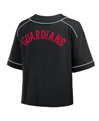 Women's Black Cleveland Guardians Oversized Champ Game Cropped V-Neck T-Shirt