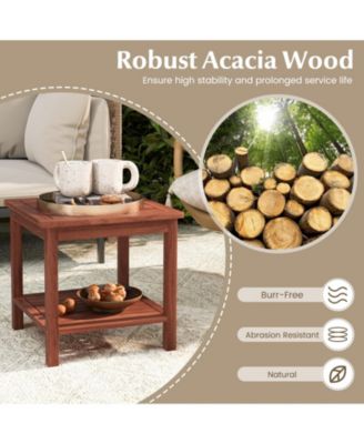 Set of 2 Double-Tier Acacia Wood Patio Side Table with Slatted Tabletop and Shelf