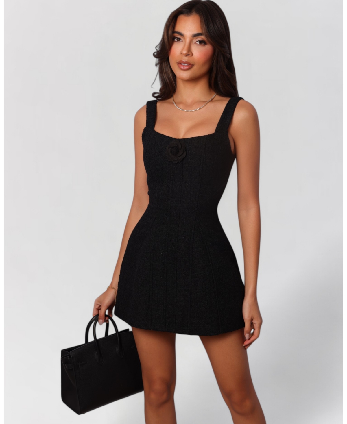 Women's Boucle Flower A-Line Mini Dress - Black