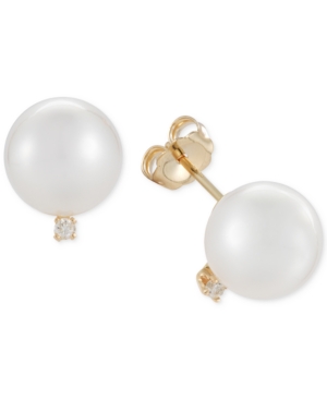 image of Cultured White South Sea Pearl (9mm) and Diamond Accent Stud Earrings in 14k Gold