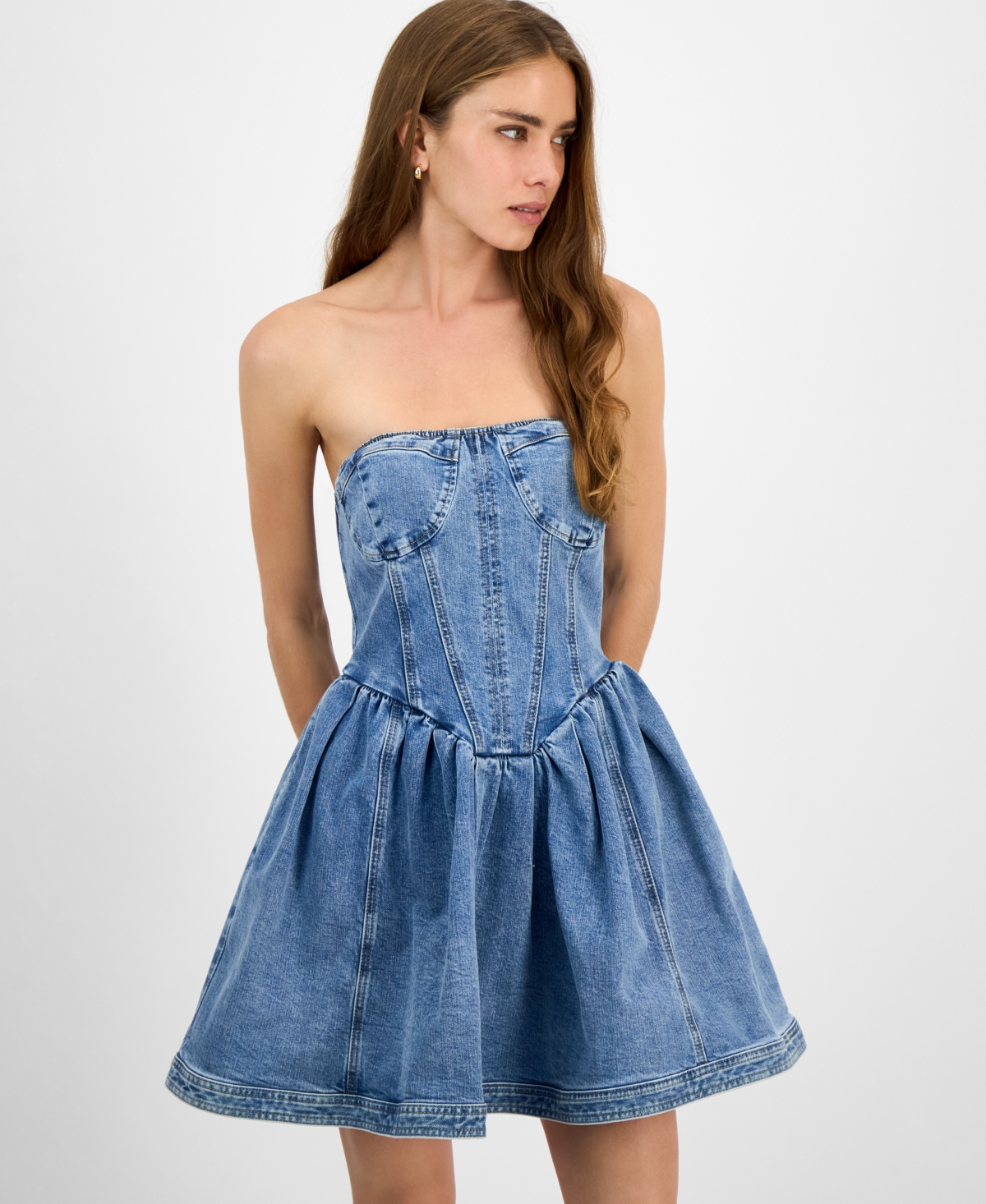 Steve Madden Rina Strapless Denim Peplum Top In Blue