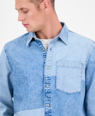 Men's Voile Long Sleeve Button-Front Denim Panel Shirt, Exclusively at Macy's