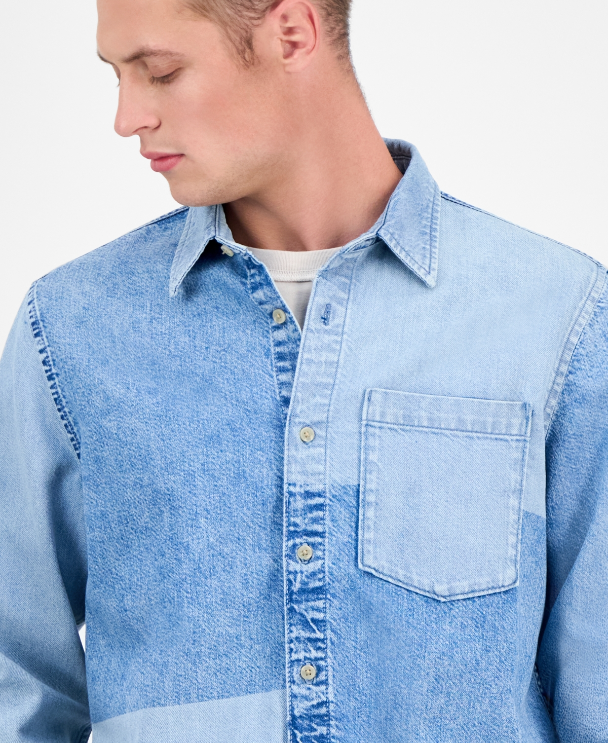 Sun + Stone Men's Voile Long Sleeve Button-front Denim Panel Shirt, Exclusively At Macy's In Blue