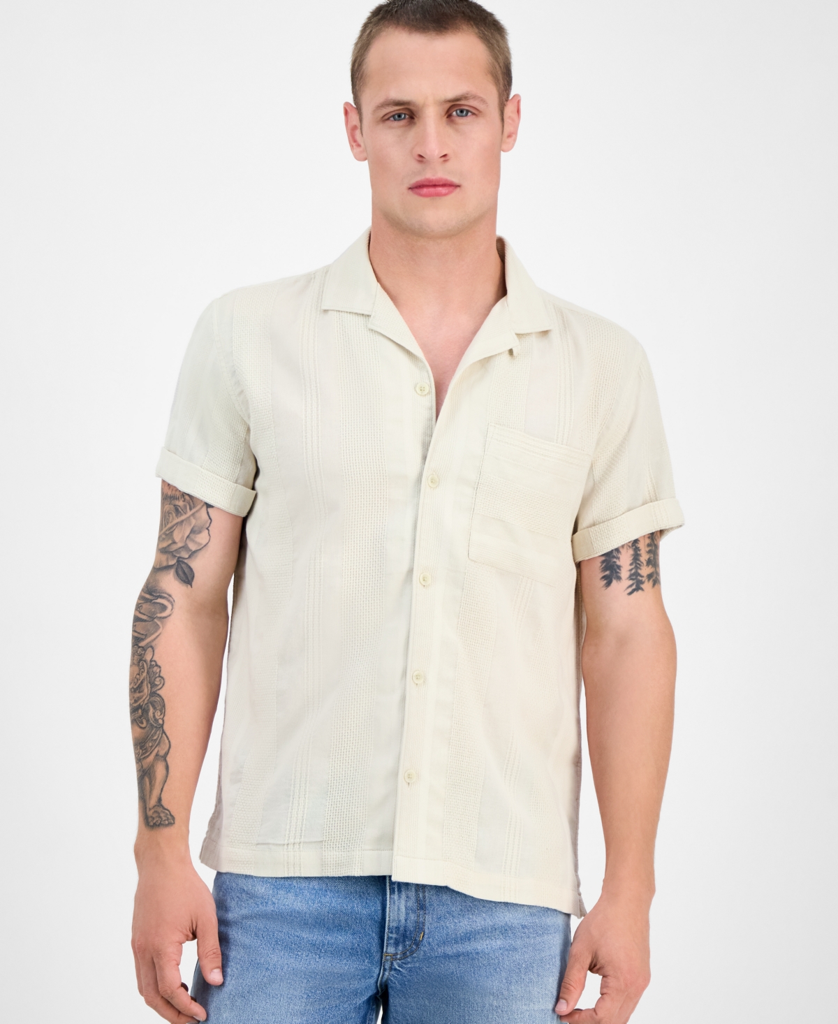 Men's Ford Short Sleeve Textured Striped Button-Front Camp Shirt, Exclusively at Macy's - French Oak
