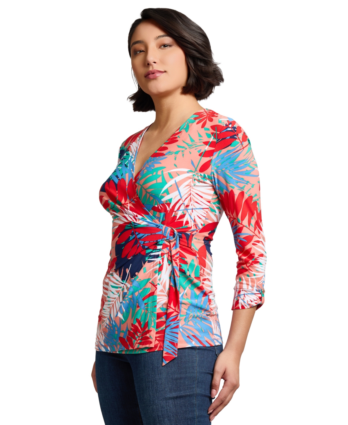 Jones New York Leaf Print Jersey D-ring Wrap Top In Multi