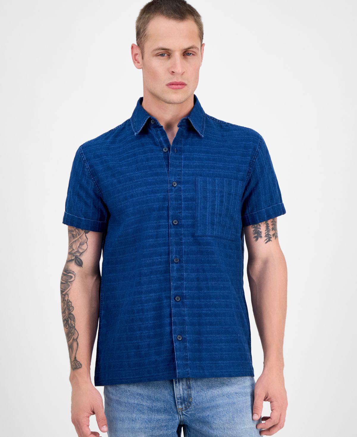 Мужская джинсовая рубашка в полоску с коротким рукавом и пуговицами спереди, эксклюзивно от Macy's