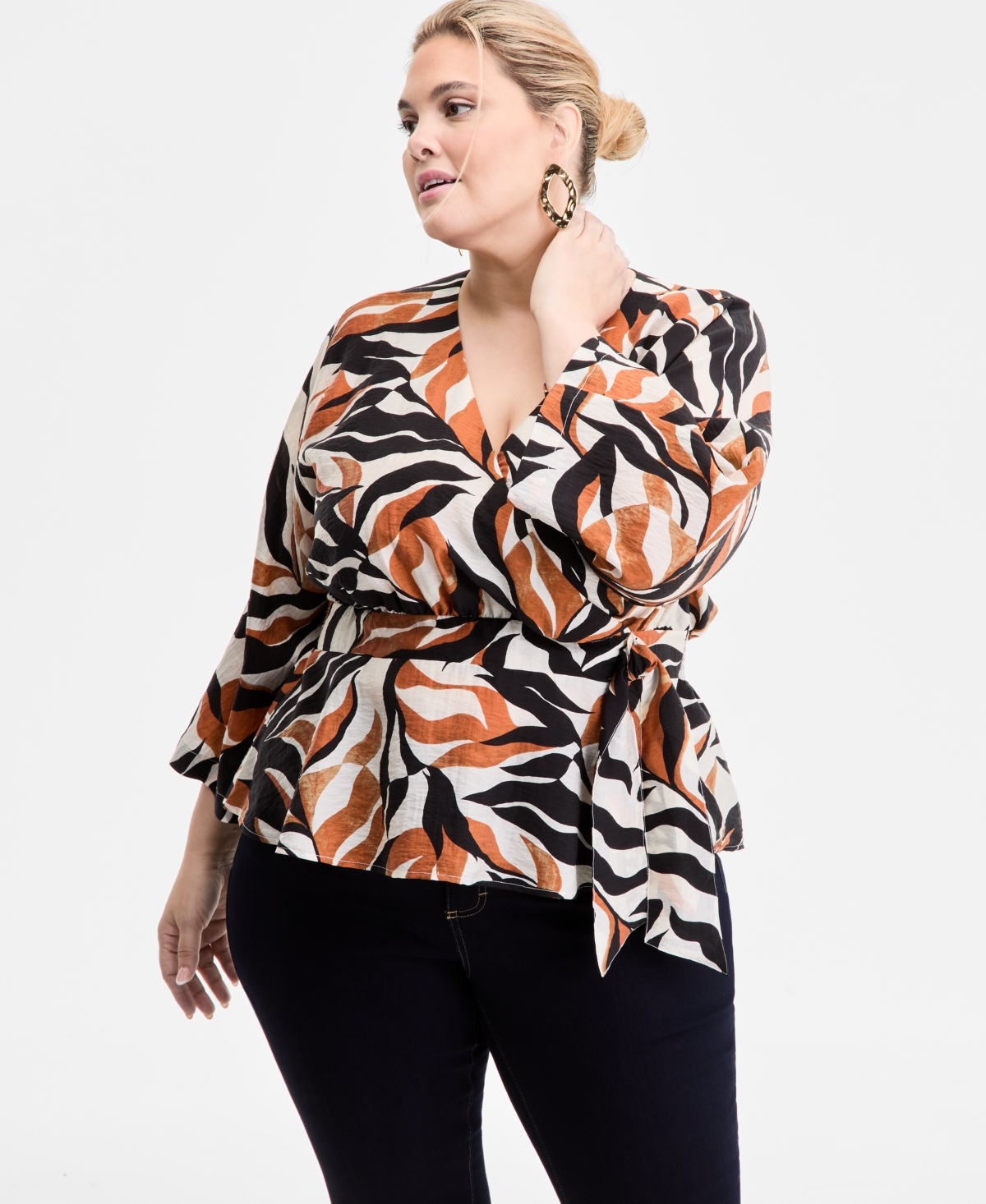 I.n.c International Concepts Plus Size Printed Kimono Wrap Top, Exclusively at Macy's - Mira Palm