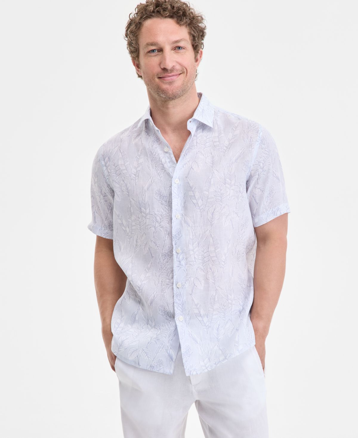Мужская льняная рубашка на пуговицах обычного кроя с тропическим принтом и завышенной талией, эксклюзивно от Macy's
