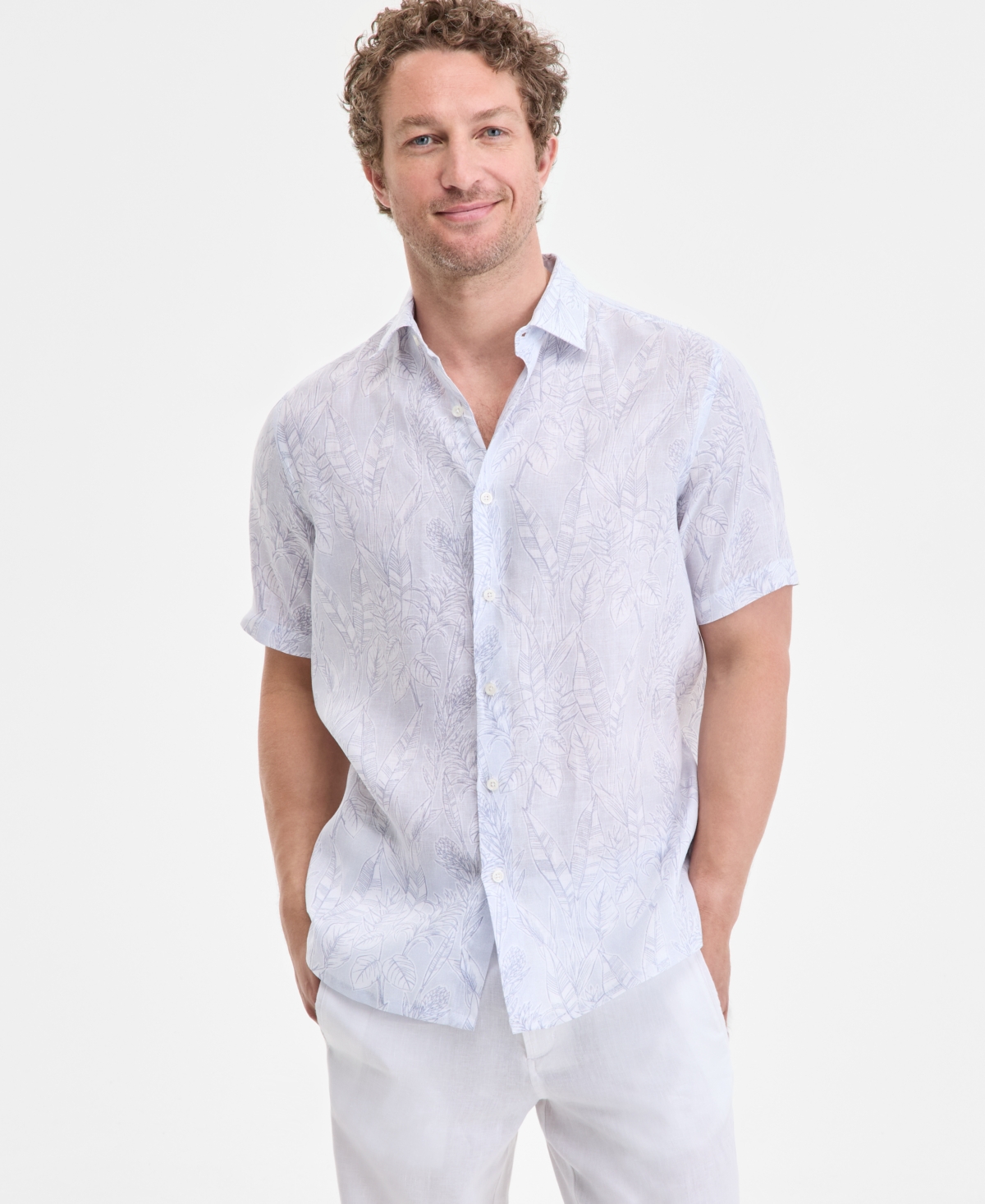 Men's Elevated Line Regular-Fit Tropical-Print Button-Down Linen Shirt, Exclusively at Macy's - Purple