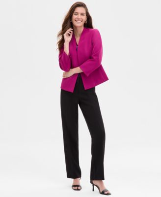 Womens Houndstooth Cap Sleeve Cowlneck Top One Button Seamed Slit Sleeve Jacket Fly Front Straight Leg Pants