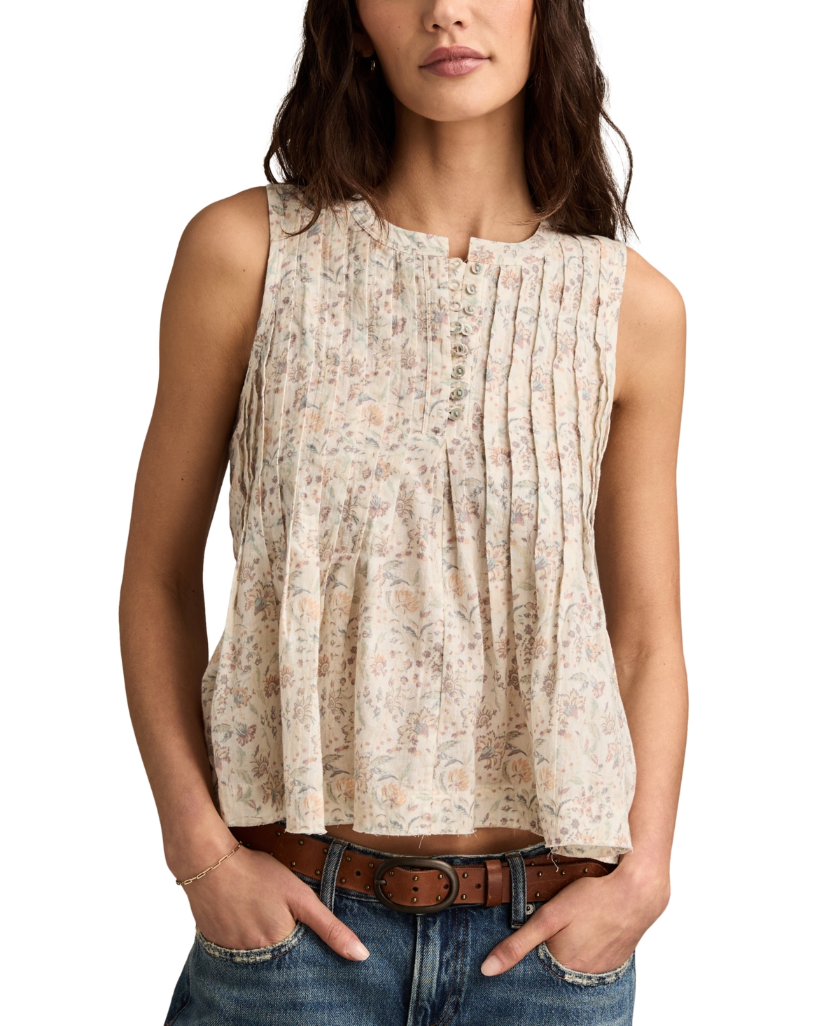 Pintuck Henley Tank - Cream Multi