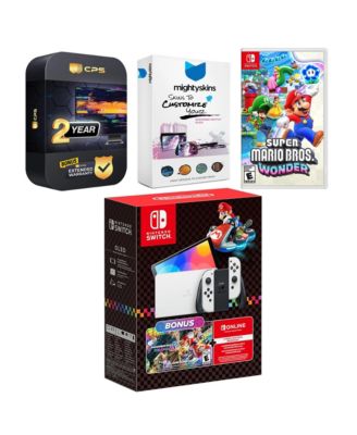 Switch OLED Console Mario Kart 8 Deluxe Bundle with Super Mario Bros. Wonder, MightySkins Console and Controller Skin Voucher, and 2 Year CPS Extended Warranty
