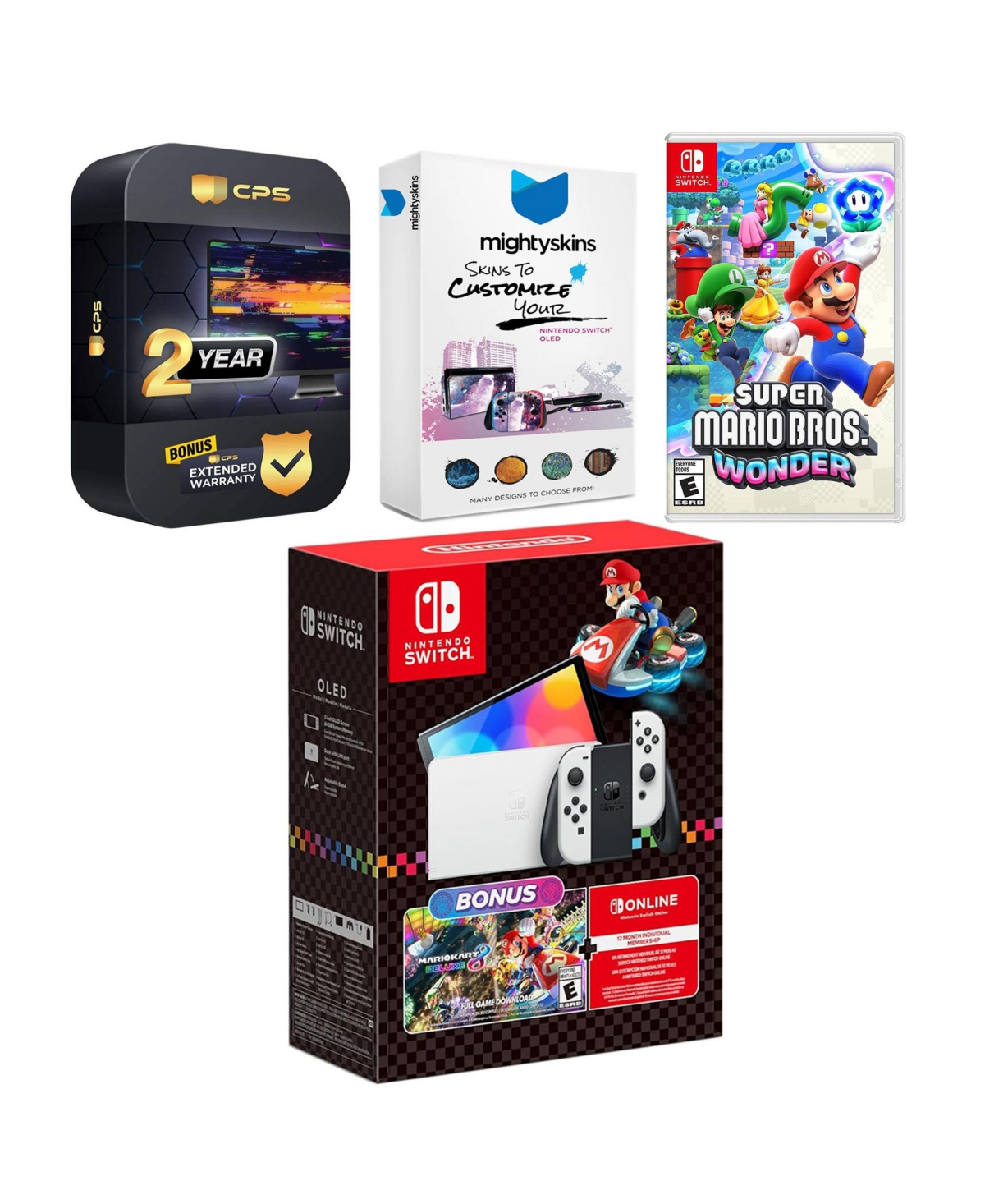 Nintendo Switch Oled Console Mario Kart 8 Deluxe Bundle with Super Mario Bros. Wonder, MightySkins Console and Controller Skin Voucher, and 2 Year Cps