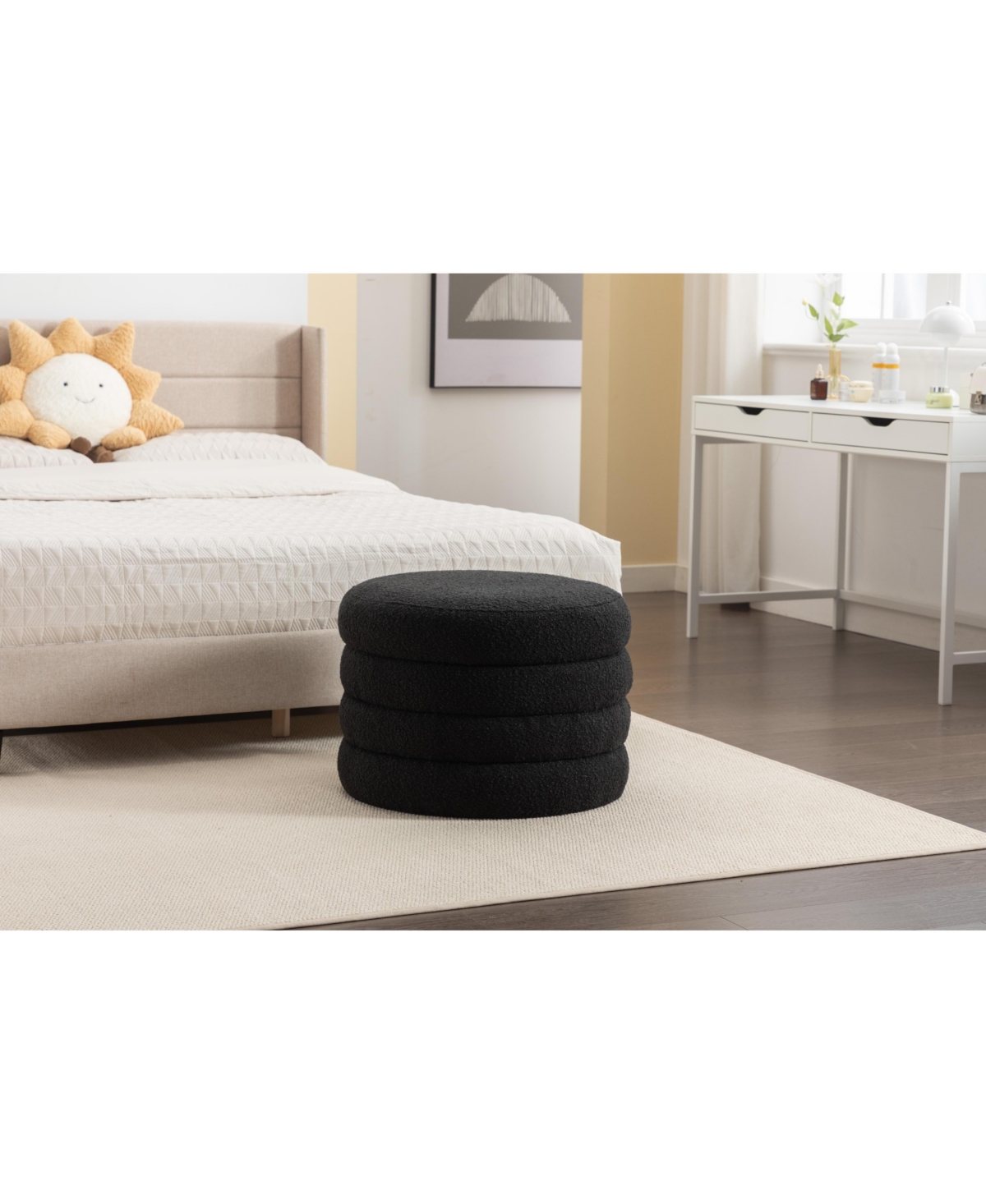 Streamdale Furniture Boucle Fabric Storage Round Ottoman Footstool With Wooden Shelving, Black