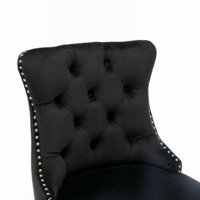 Contemporary Tufted Velvet Barstools with Wooden Legs (Black), Set of 2