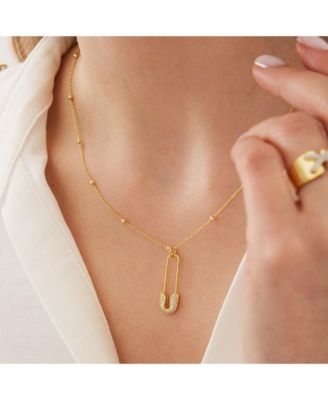 Sterling Silver Jewelled Safety Pin Necklace With Beaded Chain