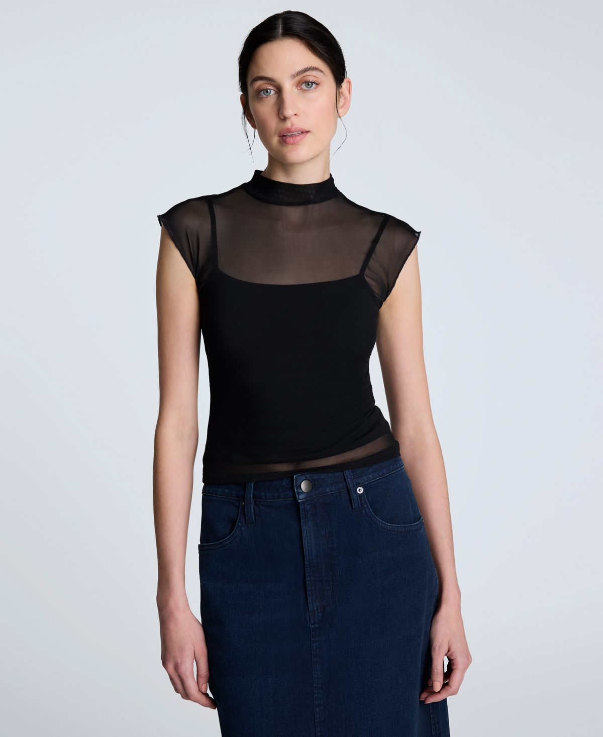 Women's Layered Mock Neck Sleeveless Top - Black