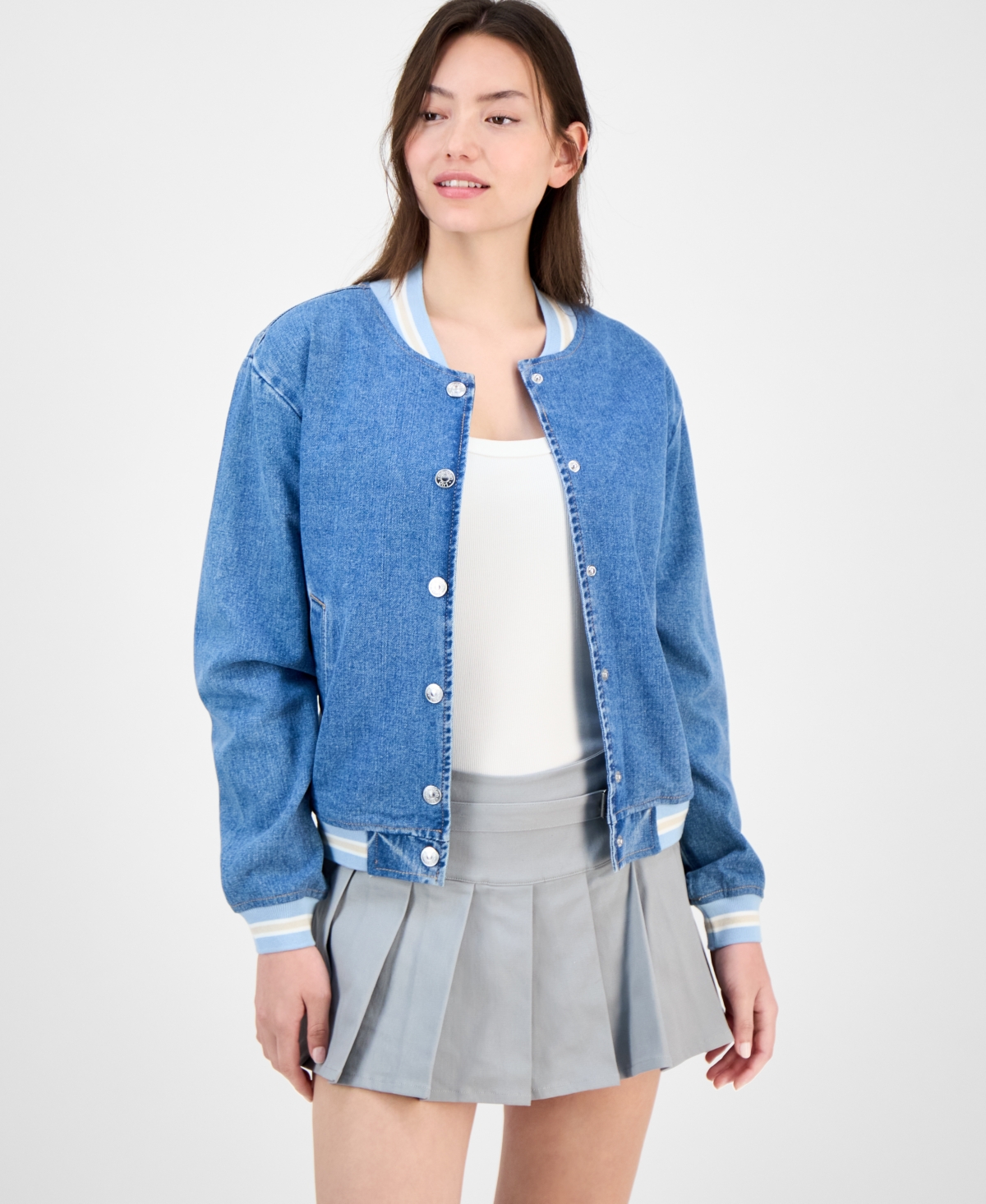 Juniors' Denim Bomber Jacket - Light Wash