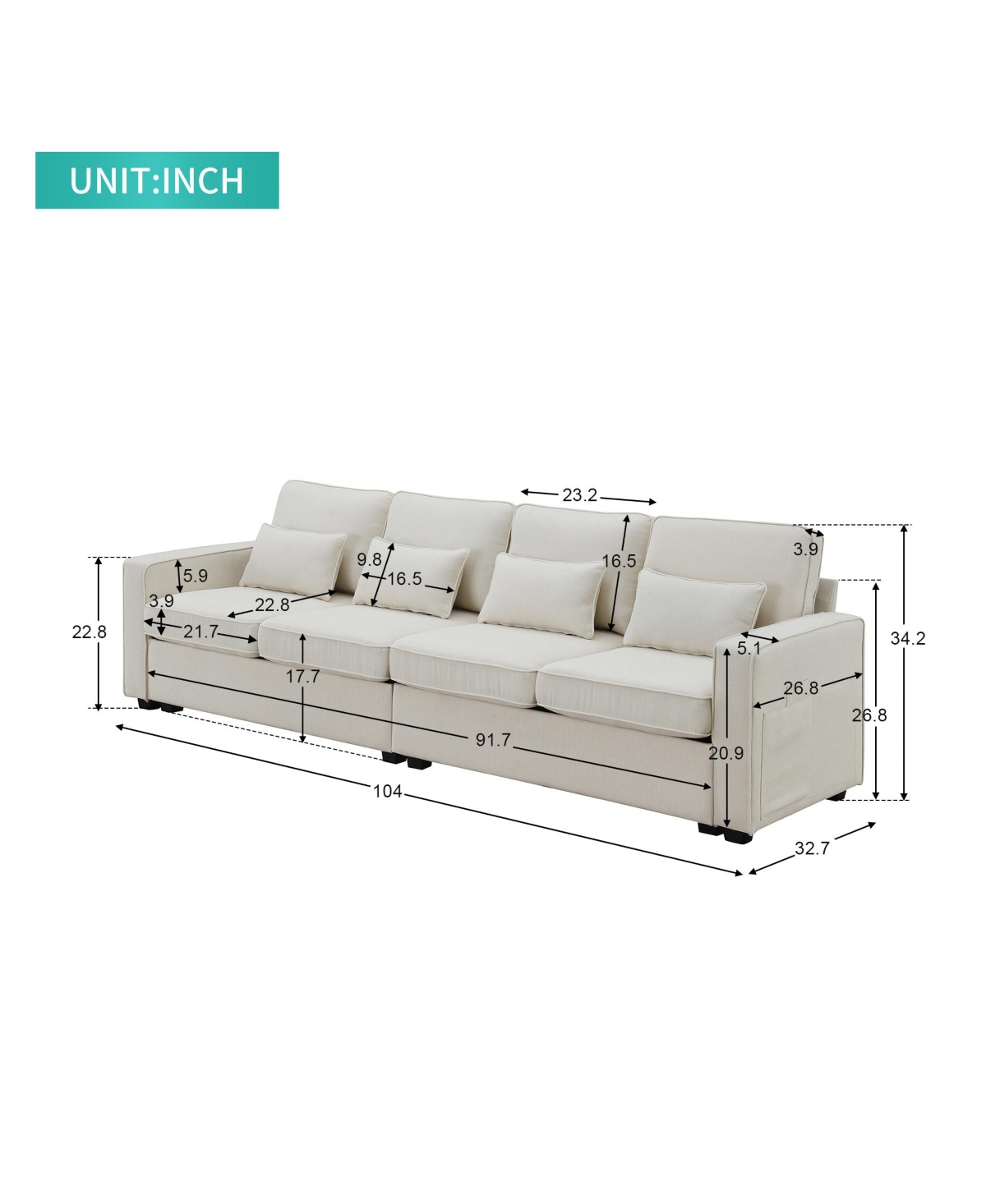 Streamdale Furniture 4-Seater Linen Sofa with Armrest Pockets and Pillows
