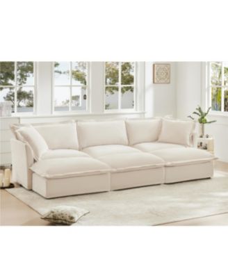 Cream Chenille 3-Seat Sofa with Ottomans & Sleeper