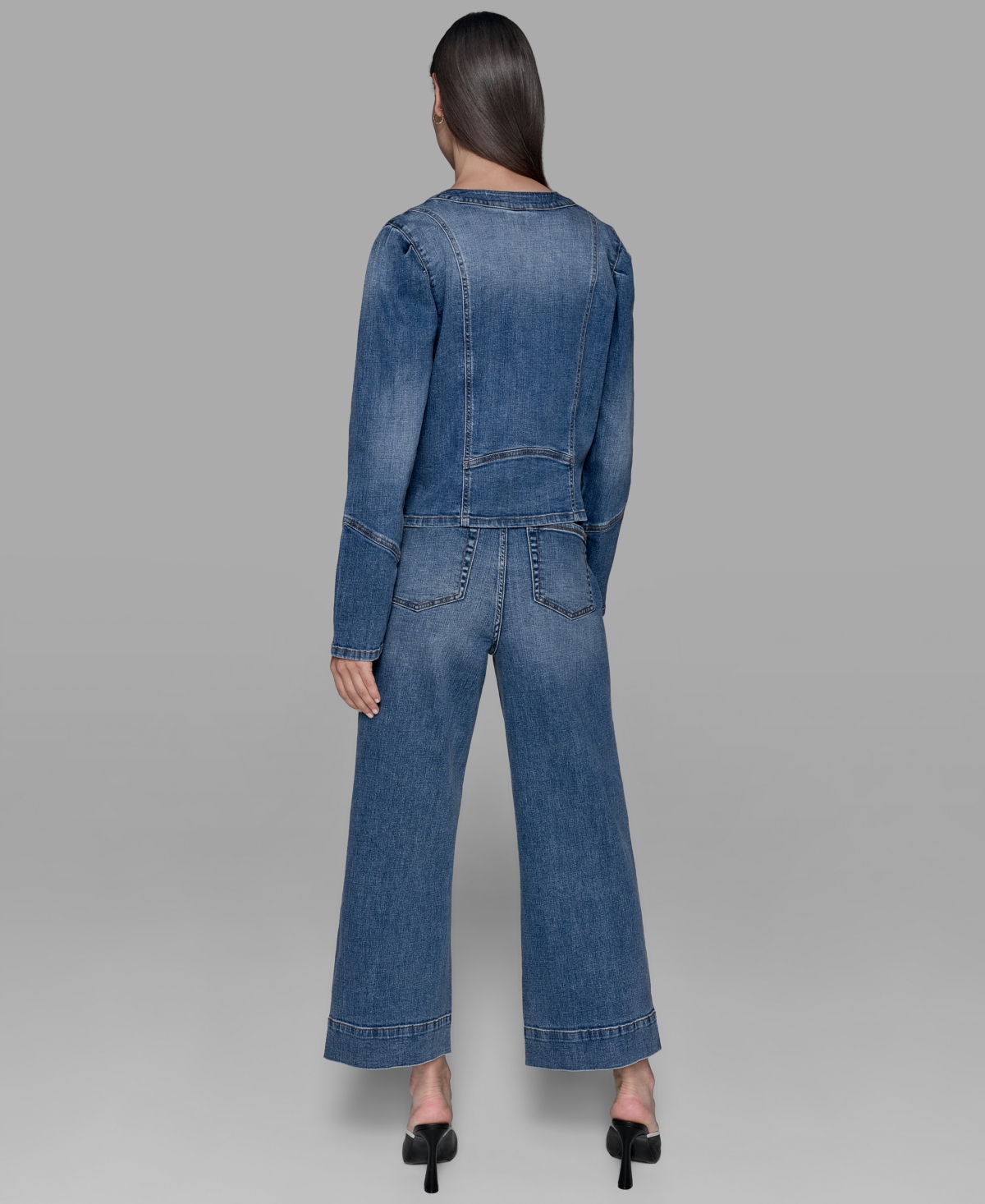 Karl Lagerfeld Petite Crewneck Button-front Denim Jacket In Blue