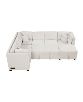 108" U-Shaped Sectional Sofa Bed with Storage Chaise, USB Ports & Power Sockets