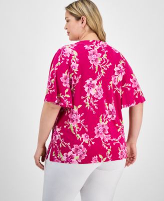 Plus Size Printed  Flared-Sleeve V-Neck Top