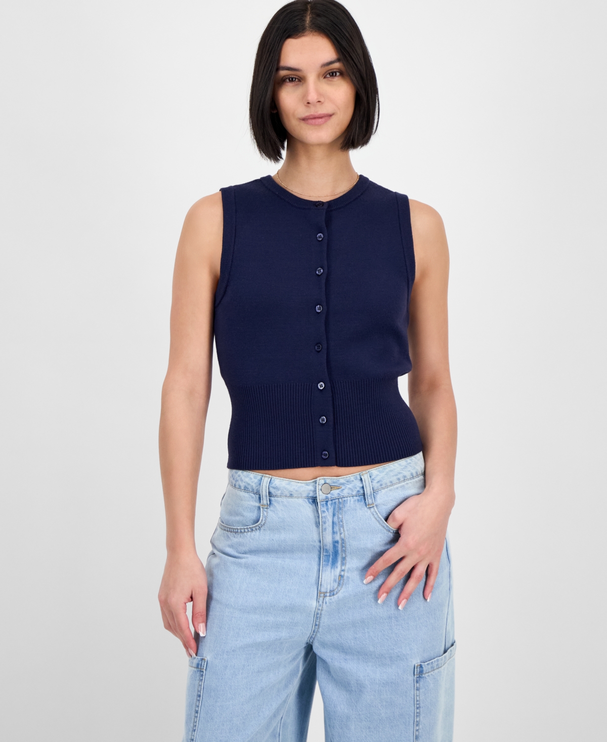Juniors' Sleeveless Button-Front Sweater Vest - Navy Blazer