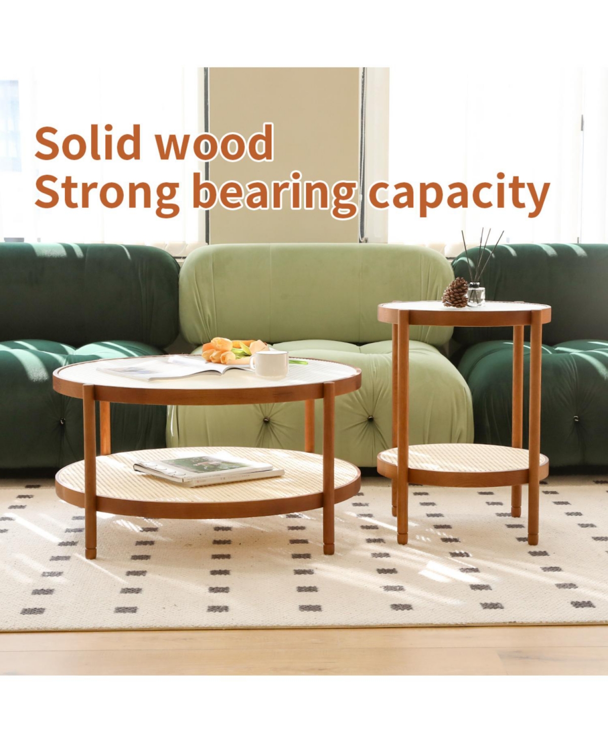 2-Piece Modern Farmhouse Living Room Coffee Table Set, Stylish and Elegant Nesting Round Wooden Table,Side End table set for Living Room,Bedroom