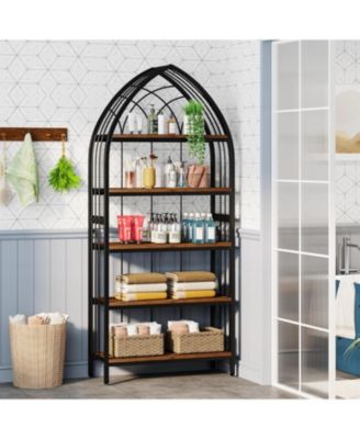 Tall Bookshelf, Industrial Curved Freestanding Display Shelf, Wood Storage Shelves with Metal Frame for Living Room