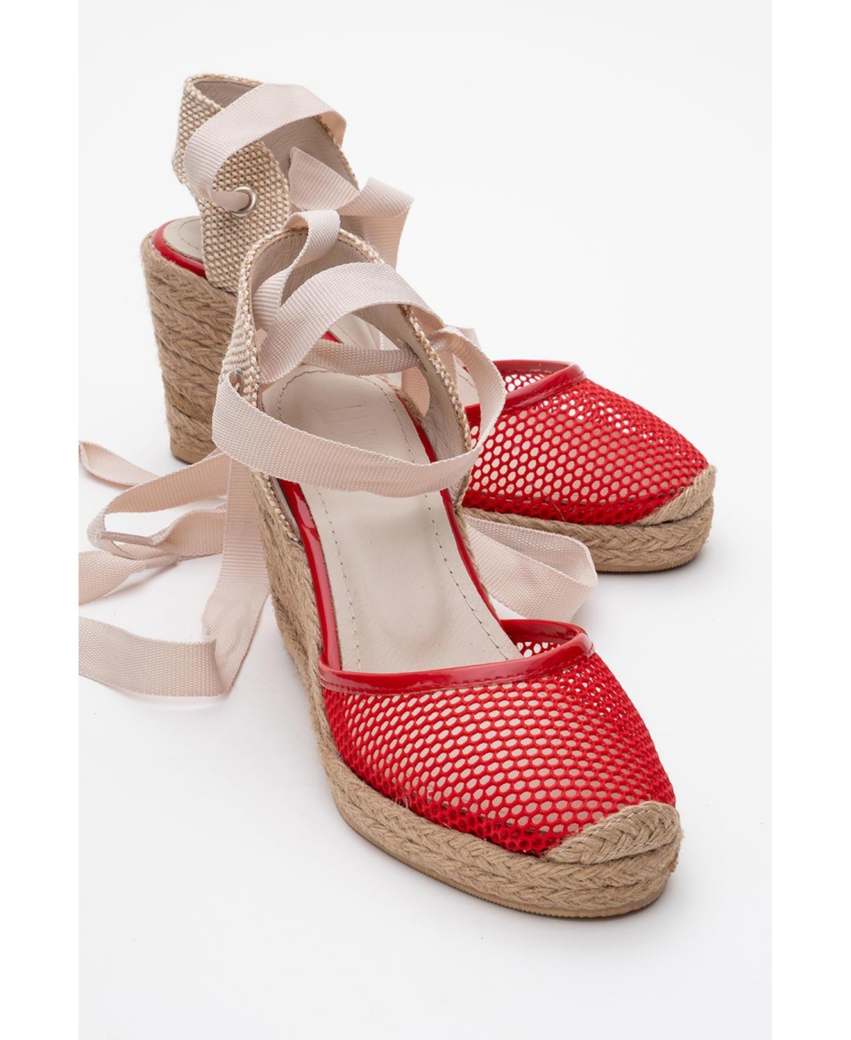 Lions Mesh Leather Wedge Espadrilles Sandal (Women) - Cognac brown leather