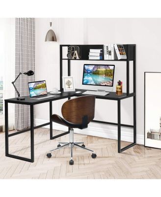 Industrial L-Shaped Desk Bookshelf 55 Inch Corner Computer Gaming Table