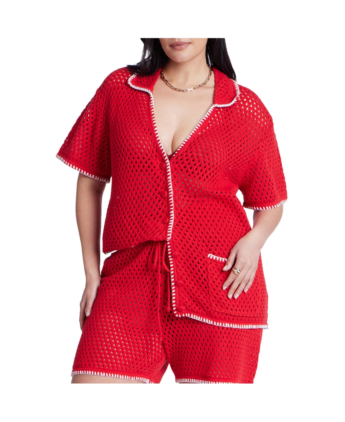 Plus Size Crochet Sweater Tee - Flame scarlet