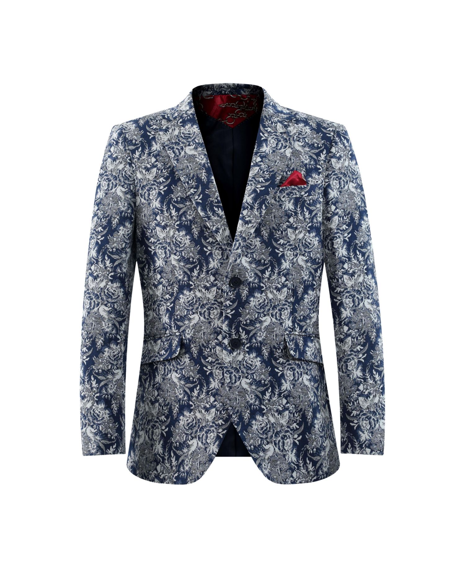 Boys Navy Slim Fit Floral Brocade Blazer