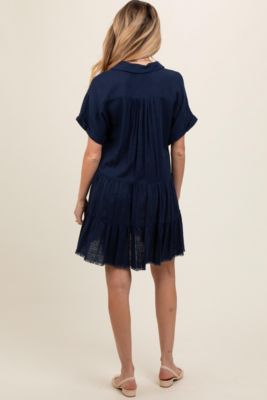 Maternity Navy Tiered Linen Dress