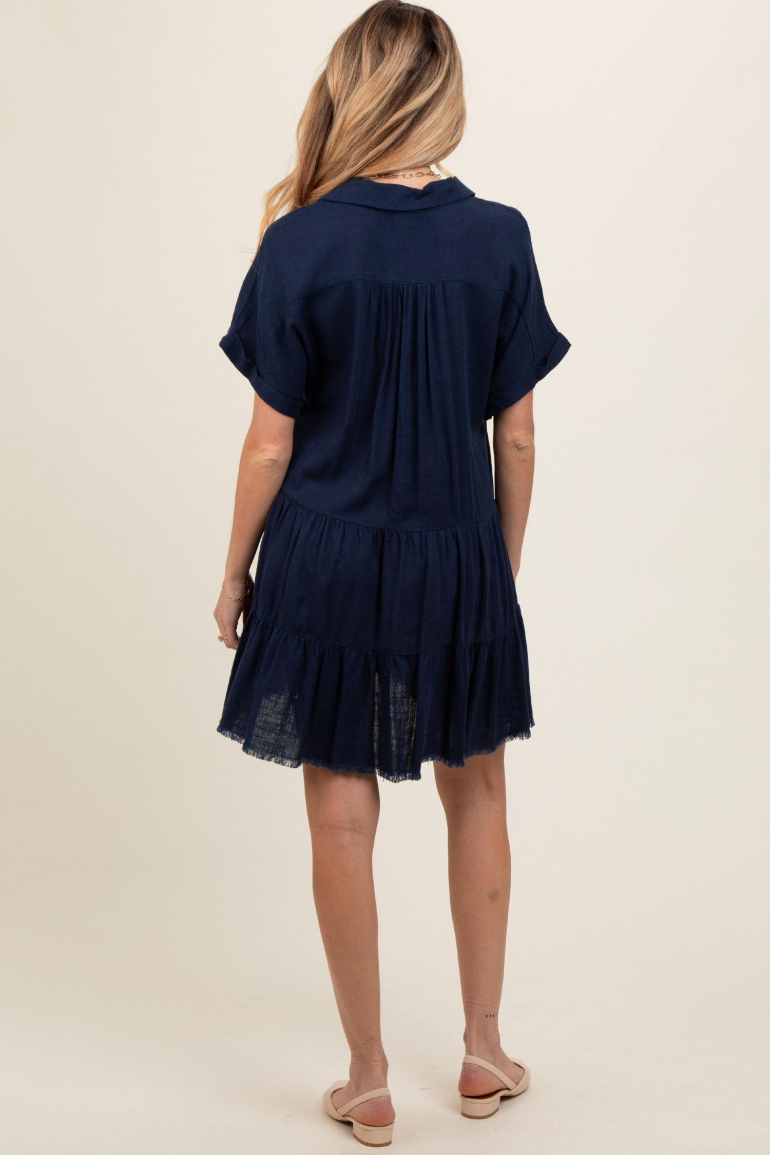 Women's Navy Tiered Linen Dress