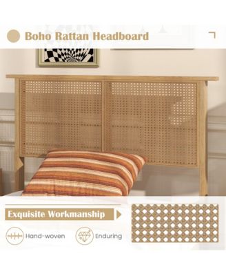 Twin Size Bed Frame w/ Rattan Headboard 10 Solid Wood Legs & 12 Wooden Slats