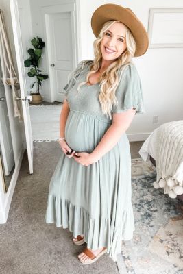 Maternity Ivory Smocked V-Neck Midi Dress