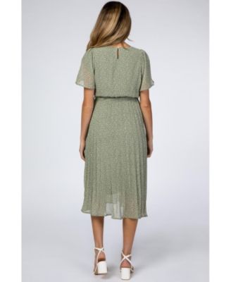 Maternity Light Olive Leaf Print Pleated Midi Dress
