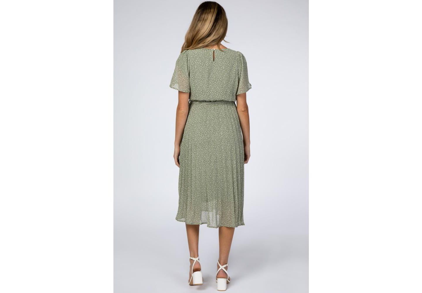 Женское платье Pinkblush Light Olive Leaf Print Pleated Midi, цвет: Светлый оливковый — фото 4