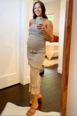 Maternity Taupe Leaf Print Smocked Fitted Midi Dress