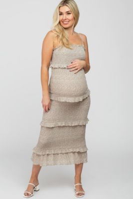 Maternity Taupe Leaf Print Smocked Fitted Midi Dress