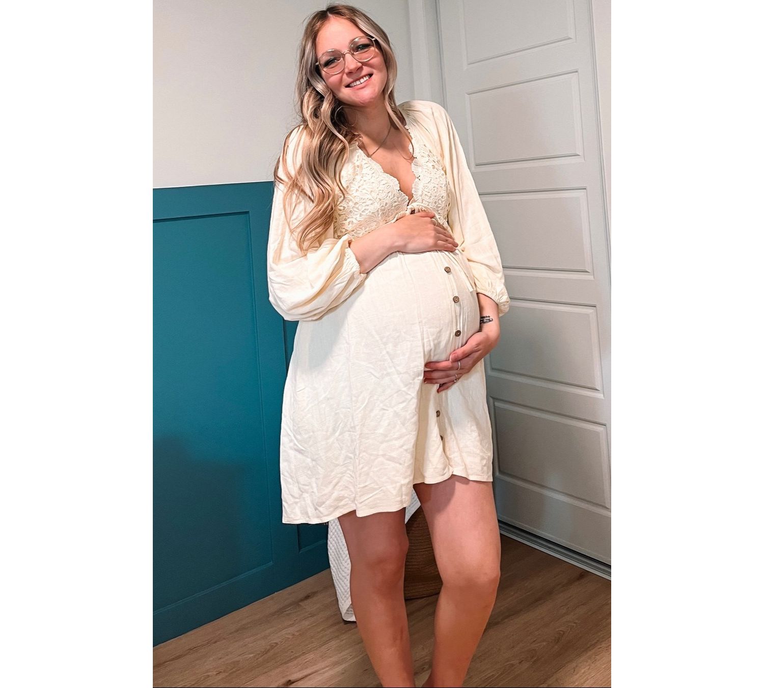 Women's Beige Crochet Lace Button Front Dress